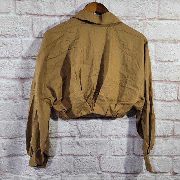 Zara Dark Tan Long Sleeve Cropped Poplin Button Front Shirt - Picture 8 of 14